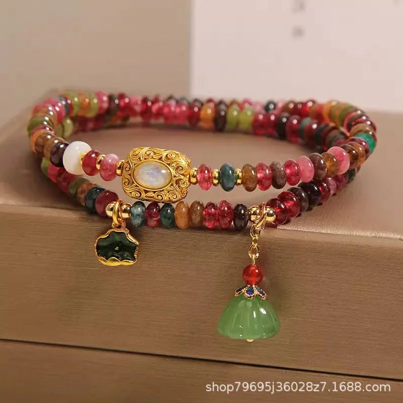 Rainbow Tourmaline Abacus Beads Double Circle Bracelet Women's Chinese Light Luxury Exquisite Leaf Lotus pod Pendant HandString