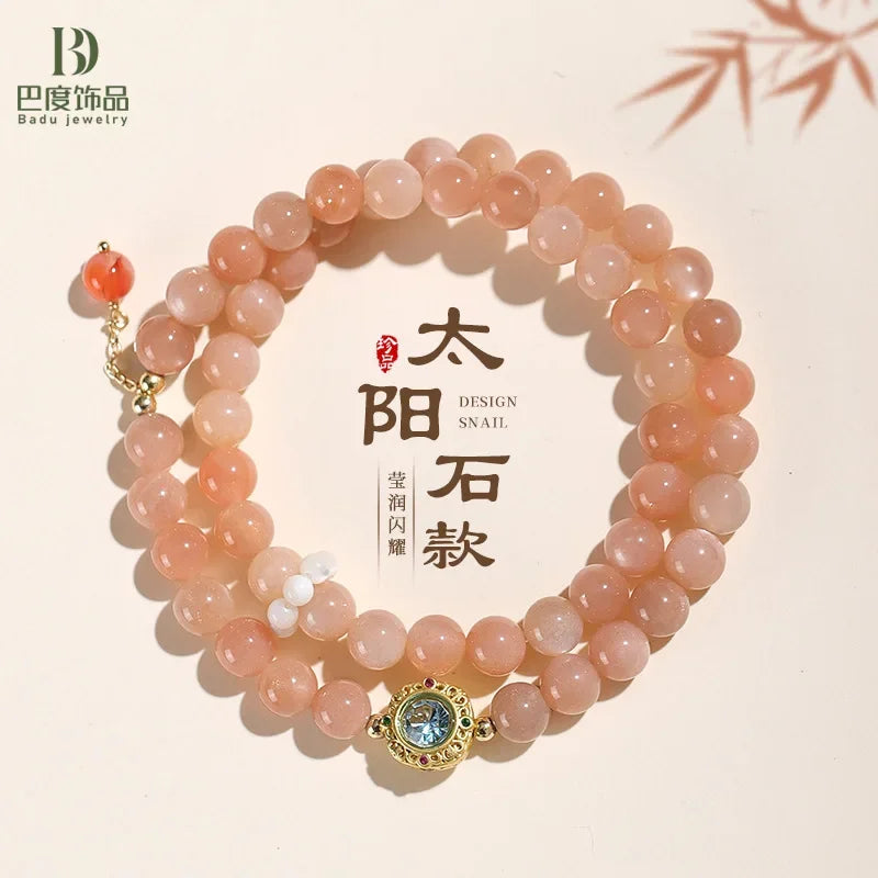Chinese Style Sun Stone Double Circle Beaded Bracelet Women's Fresh Sweet White Crystal Lotus Hand String Girlfriends INS Gifts