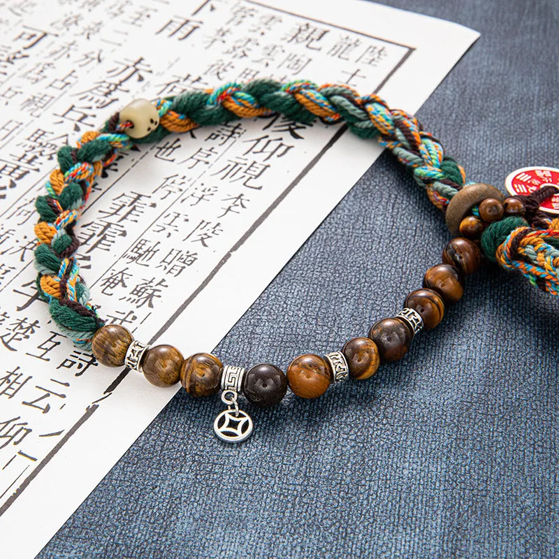 Tibetan Natural Flint Bracelet Ins Chinese Style Mountain Ghost Copper Money Hand Rope Li Huowang Vintage Tassel Woven Bracelet