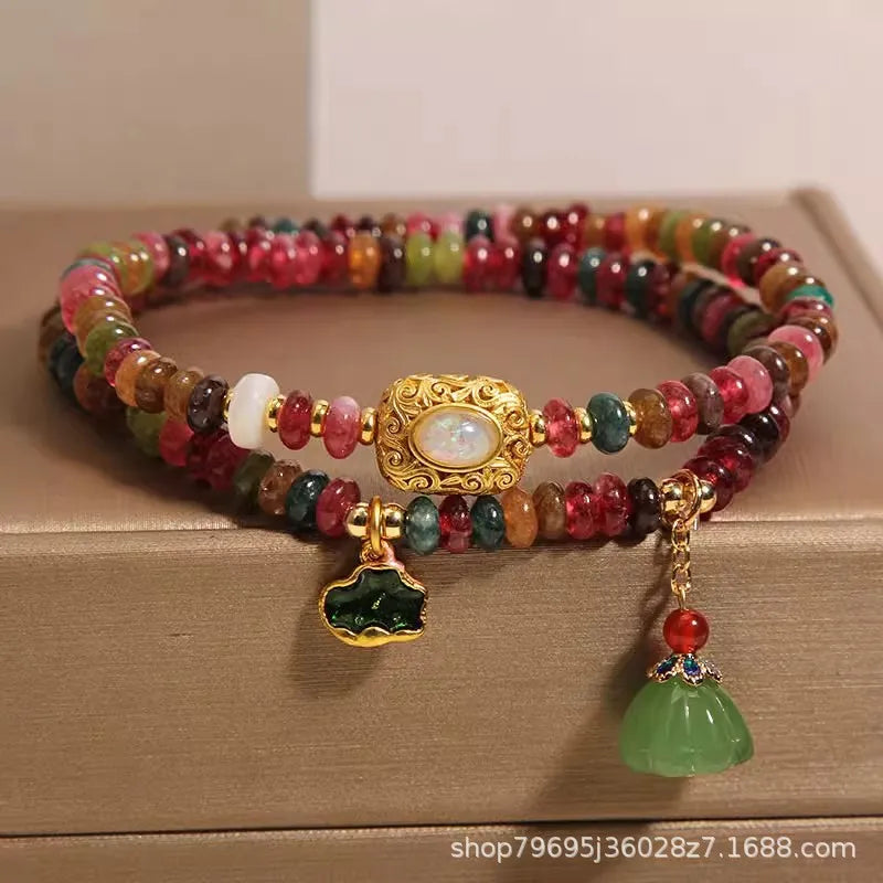 Rainbow Tourmaline Abacus Beads Double Circle Bracelet Women's Chinese Light Luxury Exquisite Leaf Lotus pod Pendant HandString