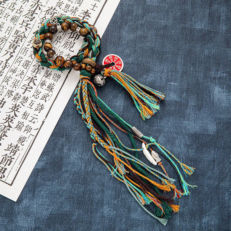 Tibetan Natural Flint Bracelet Ins Chinese Style Mountain Ghost Copper Money Hand Rope Li Huowang Vintage Tassel Woven Bracelet