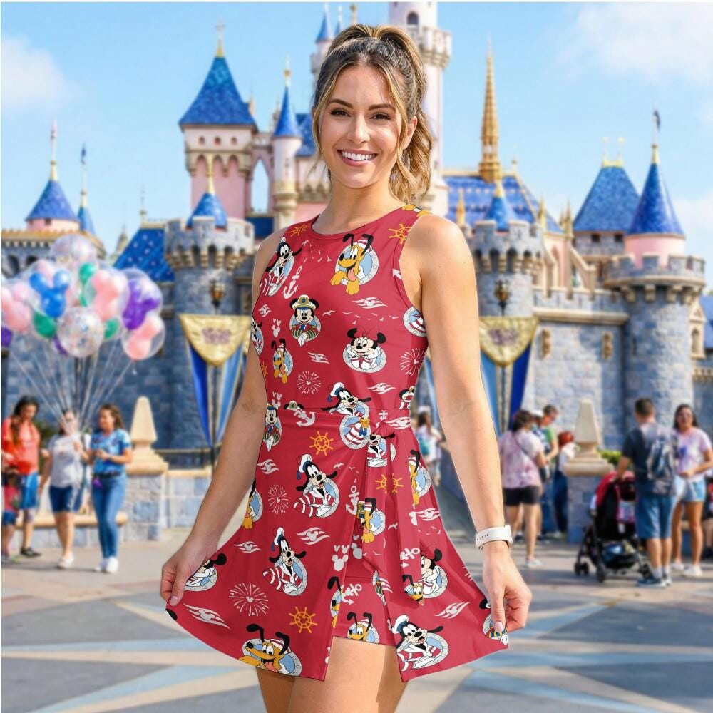 Vibrant Red Nautical Mickey and Friends Tennis Dress, DCL Pirate Night Porthole Outfit, Disney Cruise Line Sailing Summer Vacation Skort