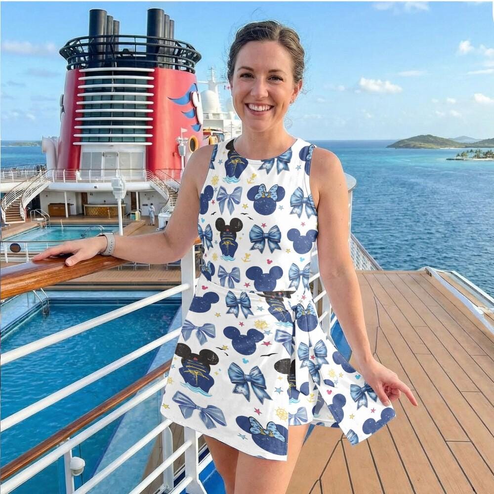 Minimalist White Mickey Ship Nautical Tennis Dress, Blue Ribbon Anchor DCL Outfit, Disney Cruise Line Summer Vacation Skort Activewear Gift