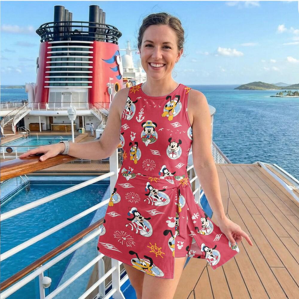 Vibrant Red Nautical Mickey and Friends Tennis Dress, DCL Pirate Night Porthole Outfit, Disney Cruise Line Sailing Summer Vacation Skort