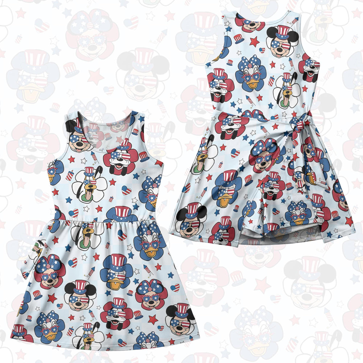 Retro Mickey And Friends 4th Of July Tennis Skirt, Disney Independence Day Skirt, Magic Kingdom 250 Years Of Freedom Tie-Front Tennis Dress