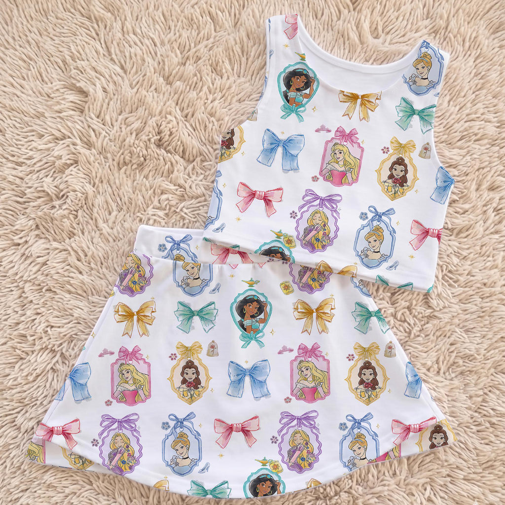 Watercolor Disney Princess Mirror Frame Bow Skort Outfit, Ariel Belle Moana Activewear Set, Princess Lover Gift