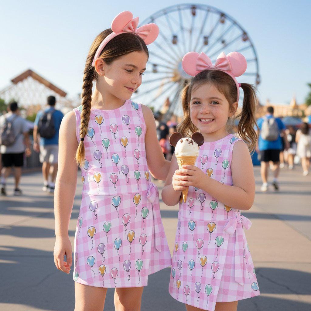 Pink Mickey Balloon Gingham Tennis Dress, Watercolor Checkered Disney Twirl Dress, Magical Park Outfit