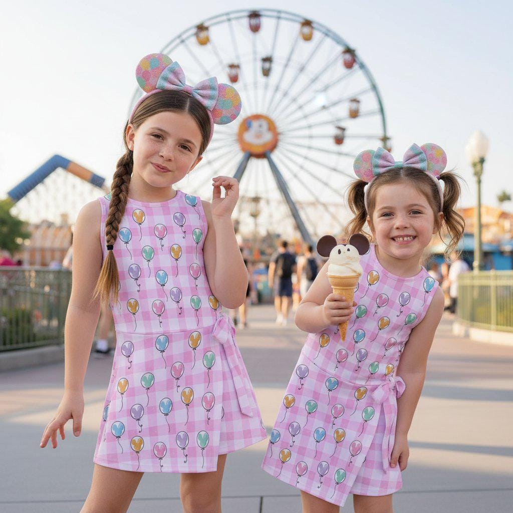 Pink Mickey Balloon Gingham Tennis Dress, Watercolor Checkered Disney Twirl Dress, Magical Park Outfit