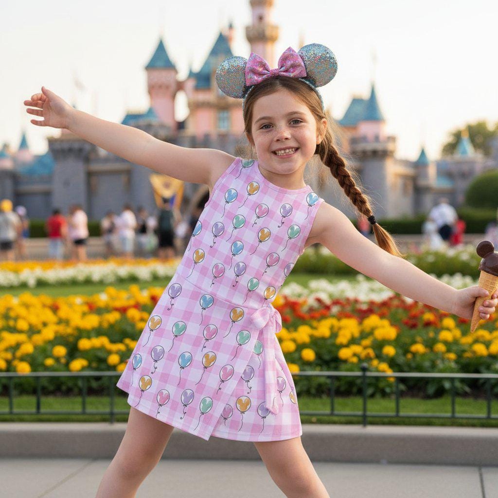 Pink Mickey Balloon Gingham Tennis Dress, Watercolor Checkered Disney Twirl Dress, Magical Park Outfit