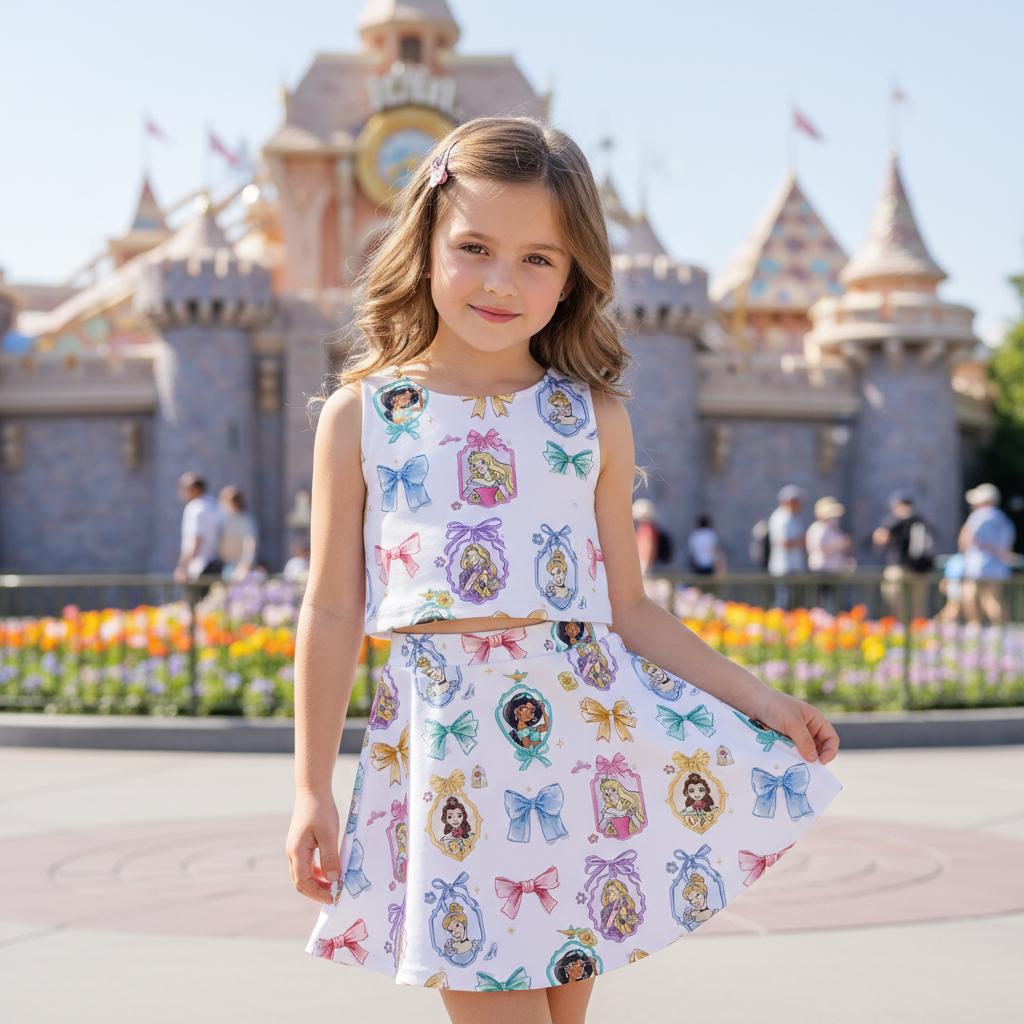 Watercolor Disney Princess Mirror Frame Bow Skort Outfit, Ariel Belle Moana Activewear Set, Princess Lover Gift