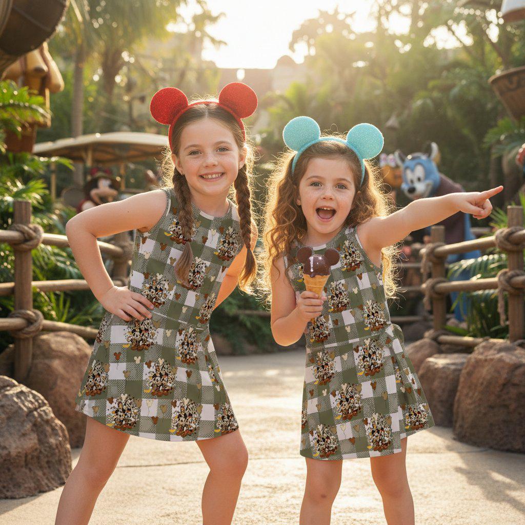 Mickey and Friends Safari Adventure Tennis Dress, Girls Olive Gingham Jungle Explorer Dress, Animal Kingdom Sportswear