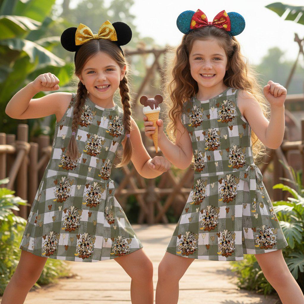 Mickey and Friends Safari Adventure Tennis Dress, Girls Olive Gingham Jungle Explorer Dress, Animal Kingdom Sportswear