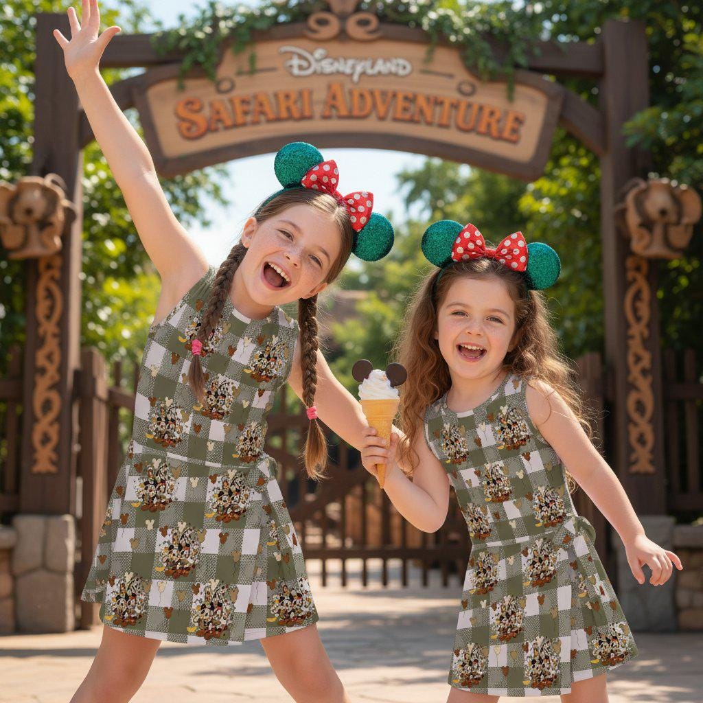 Mickey and Friends Safari Adventure Tennis Dress, Girls Olive Gingham Jungle Explorer Dress, Animal Kingdom Sportswear