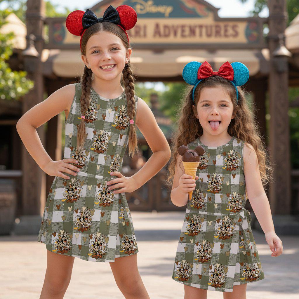 Mickey and Friends Safari Adventure Tennis Dress, Girls Olive Gingham Jungle Explorer Dress, Animal Kingdom Sportswear