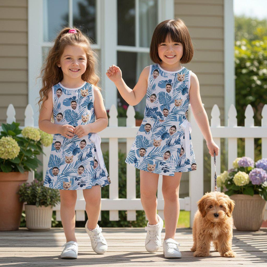 Custom Face Family and Pet Tennis Dress, Photo Tropical Leaf Kids Sportswear, Summer Lover Gift