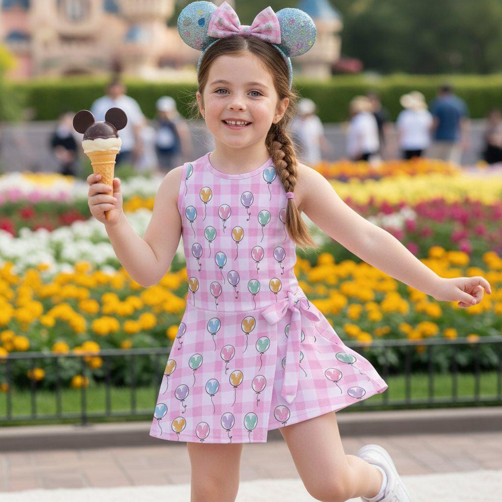 Pink Mickey Balloon Gingham Tennis Dress, Watercolor Checkered Disney Twirl Dress, Magical Park Outfit