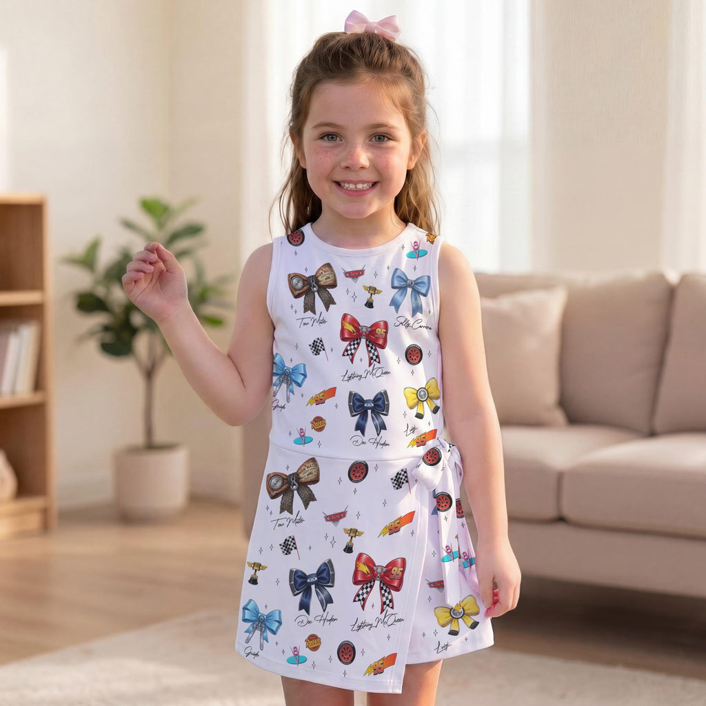 Watercolor Bows Disney Cars Tennis Dress, Lightning McQueen Mater Doc Hudson Sally Sportswear, Toddler Racing Fan Skort Dress
