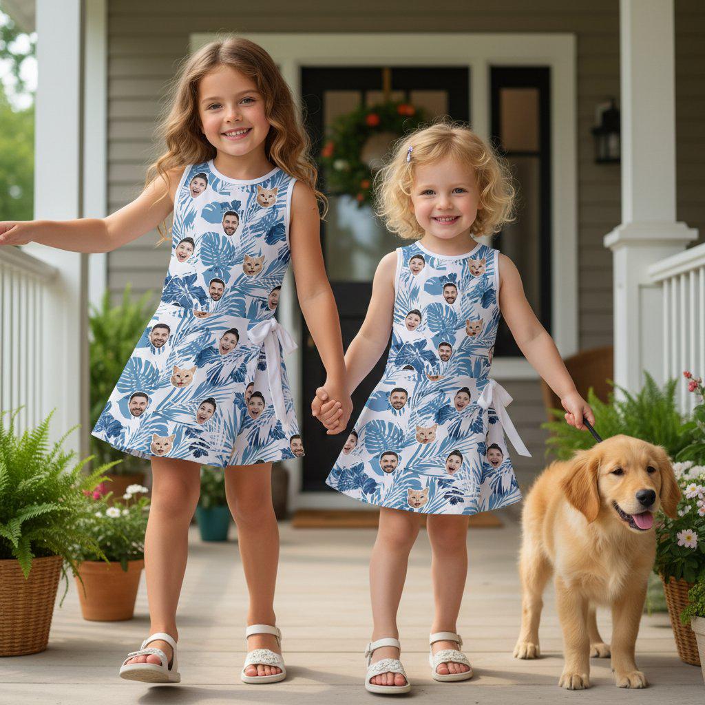 Custom Face Family and Pet Tennis Dress, Photo Tropical Leaf Kids Sportswear, Summer Lover Gift
