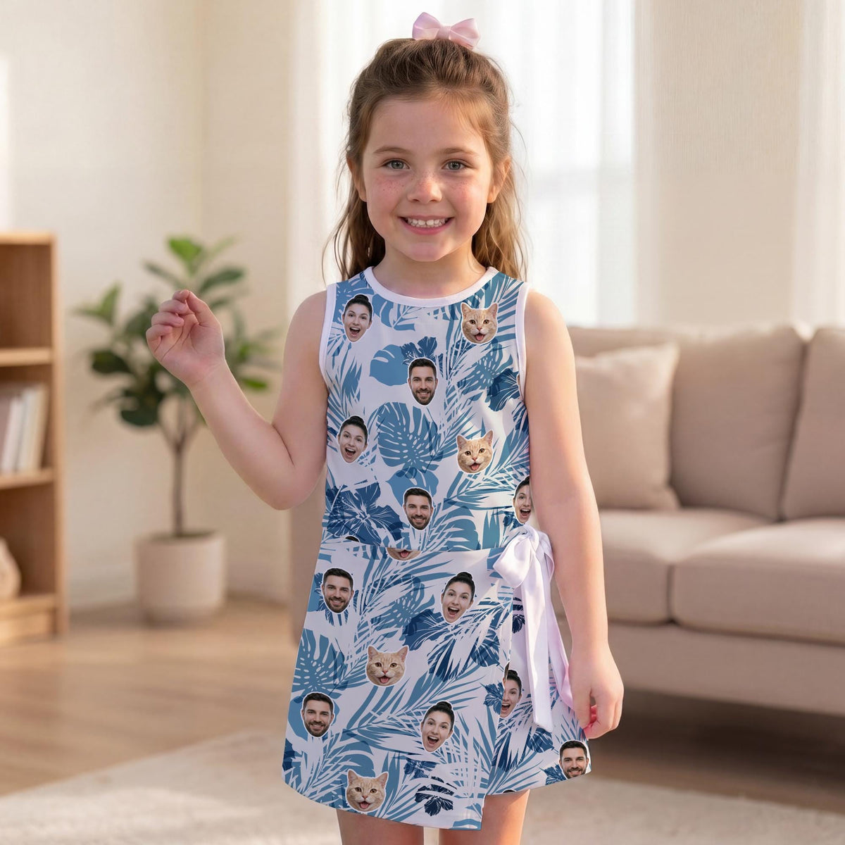 Custom Face Family and Pet Tennis Dress, Photo Tropical Leaf Kids Sportswear, Summer Lover Gift