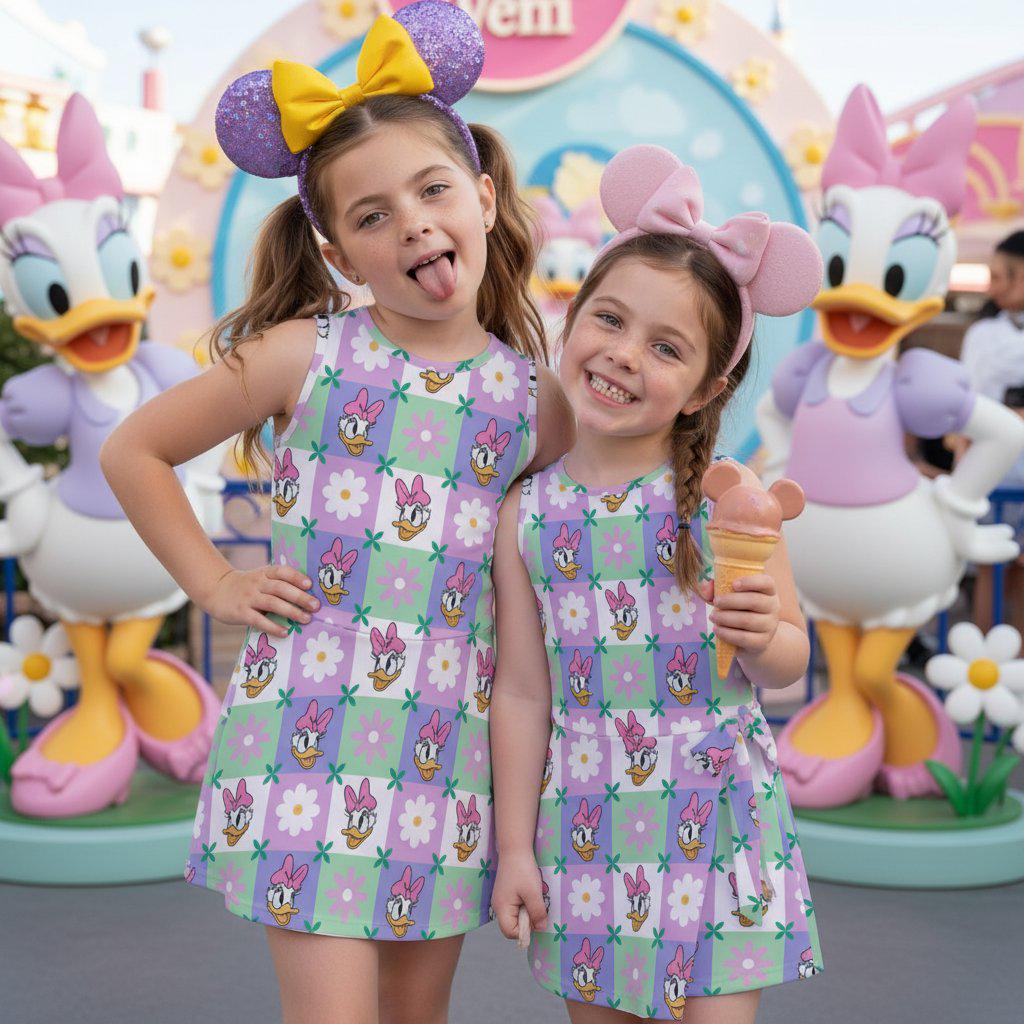 Disney Daisy Duck Tennis Dress, Kids Daisy Checkered Flower All-Over Print Dress