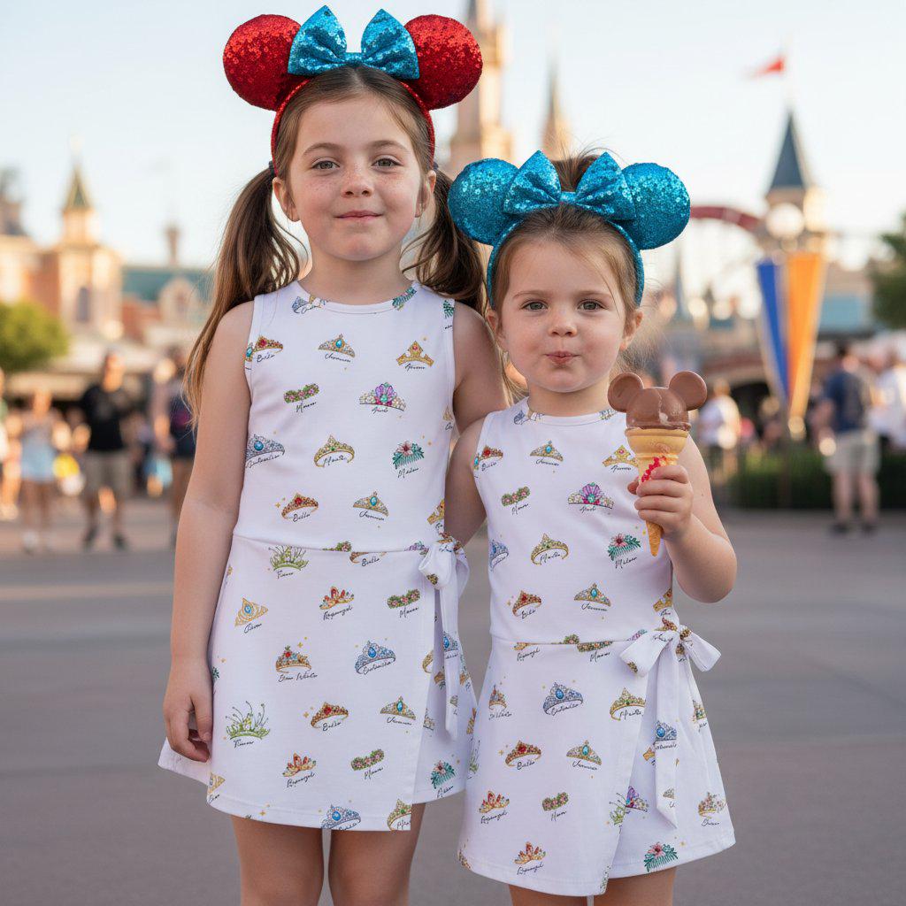 Magical Princess Crown Patterned Tennis Dress, Whimsical Belle Cinderella Aurora Crown Magic Kingdom Skirt