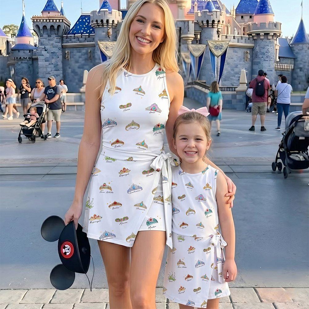 Magical Princess Crown Patterned Tennis Dress, Whimsical Belle Cinderella Aurora Crown Magic Kingdom Skirt