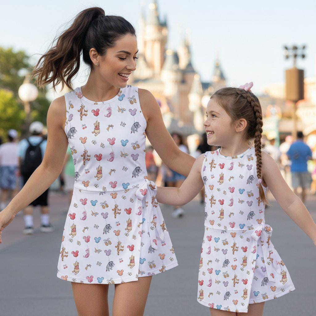 Winnie The Pooh Tennis Dress, Pooh Friends holding Mickey Balloon Wrap Dress, Piglet Eeyore Tigger Apparel Outfits
