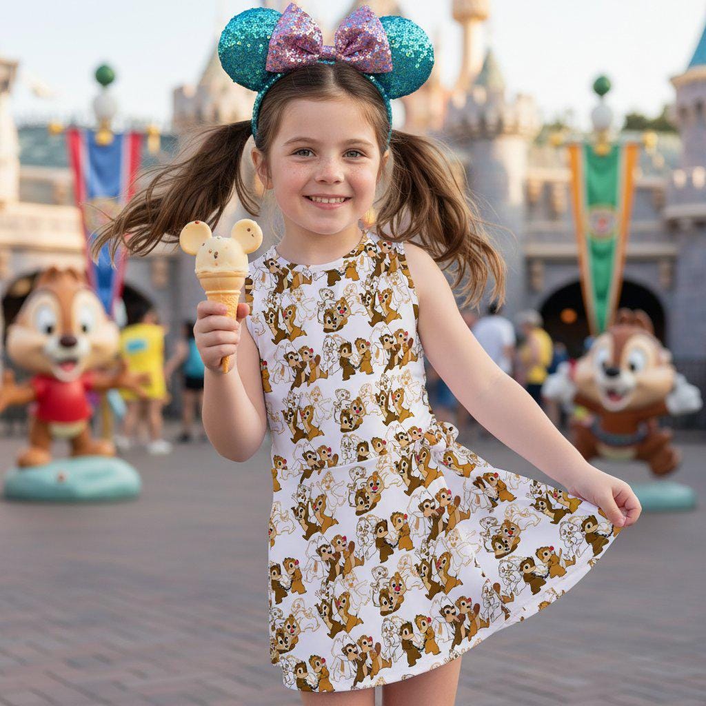 Chip 'n Dale Pattern Girls Dress, Disney Chipmunks Activewear Skirt, Disneyland Vacation Girl Sports Dress