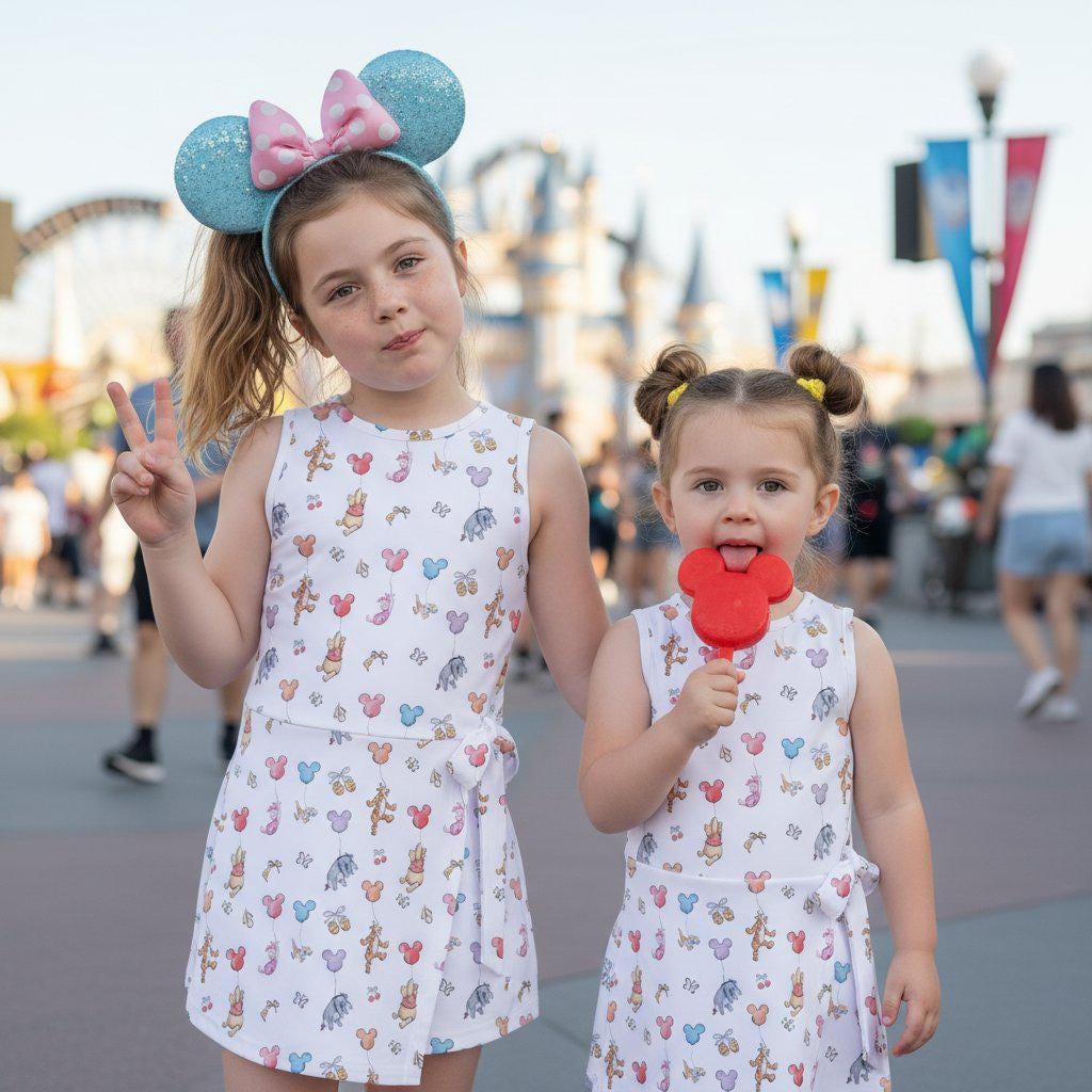 Winnie The Pooh Tennis Dress, Pooh Friends holding Mickey Balloon Wrap Dress, Piglet Eeyore Tigger Apparel Outfits