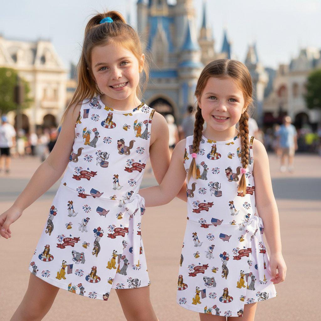 Patriotic Disney Dogs Girls Dress, 4th of July Semiquincentennial 250th Year Tennis Dress