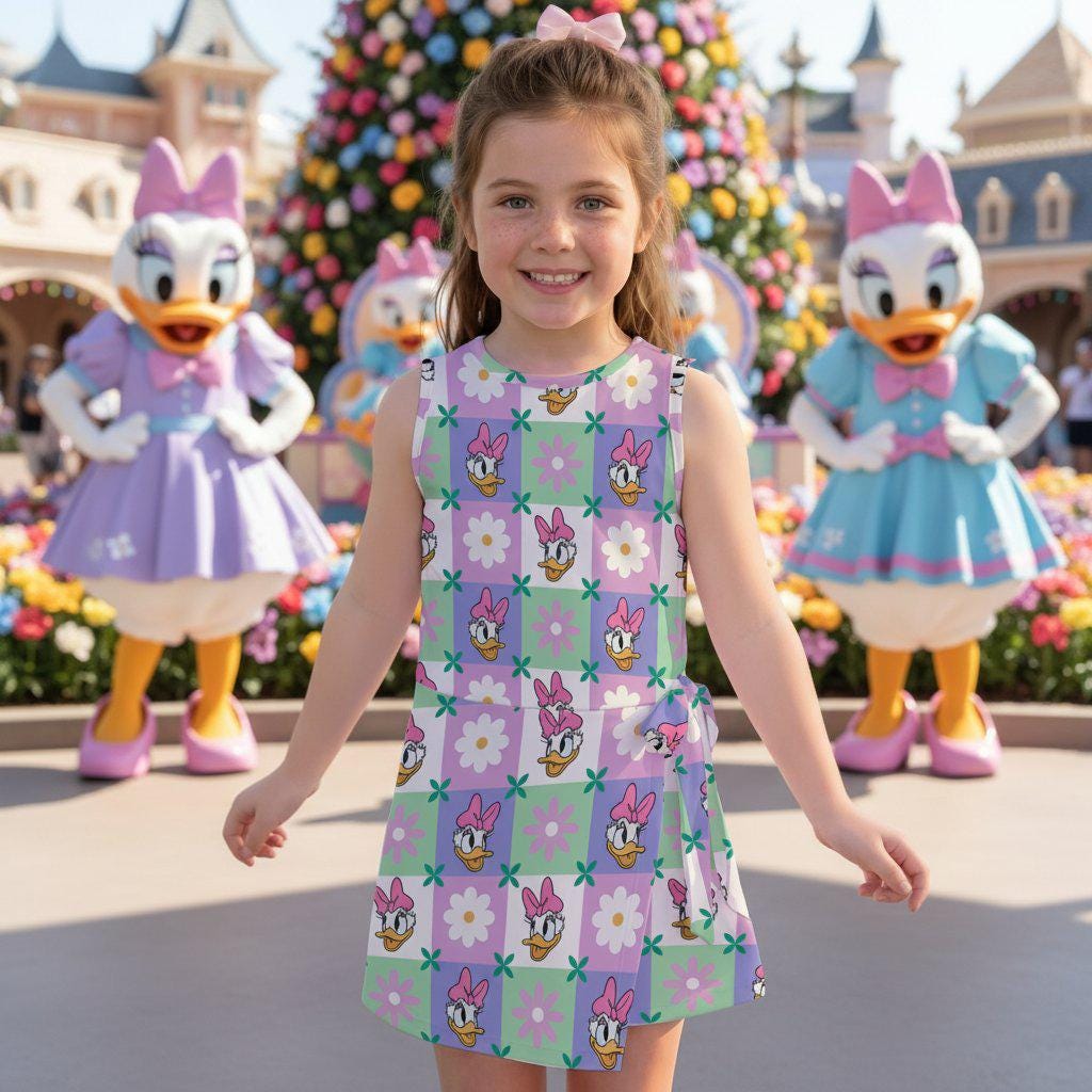 Disney Daisy Duck Tennis Dress, Kids Daisy Checkered Flower All-Over Print Dress
