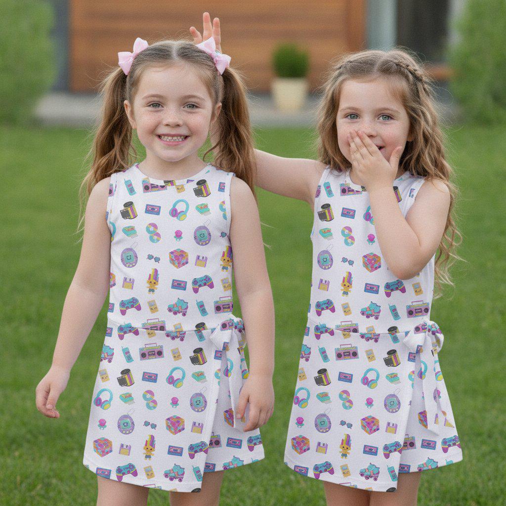 Y2K Pop Culture Icons Tennis Dress, Retro Tamagotchi Gamer Girl Skort Activity Dress, 90s Nostalgia Pattern Dress