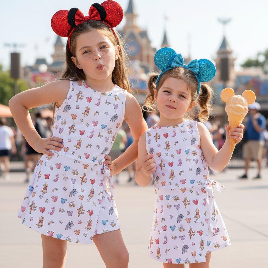 Winnie The Pooh Tennis Dress, Pooh Friends holding Mickey Balloon Wrap Dress, Piglet Eeyore Tigger Apparel Outfits