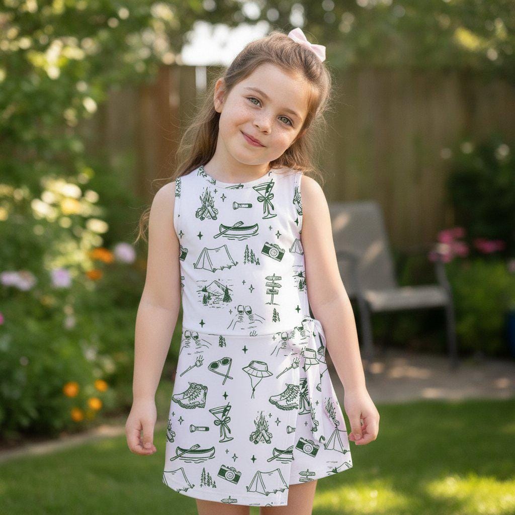 Family Camping Trip Tennis Dress, Outdoor Adventure Apparel, Green Hiking Mountain Skort Activity Dress