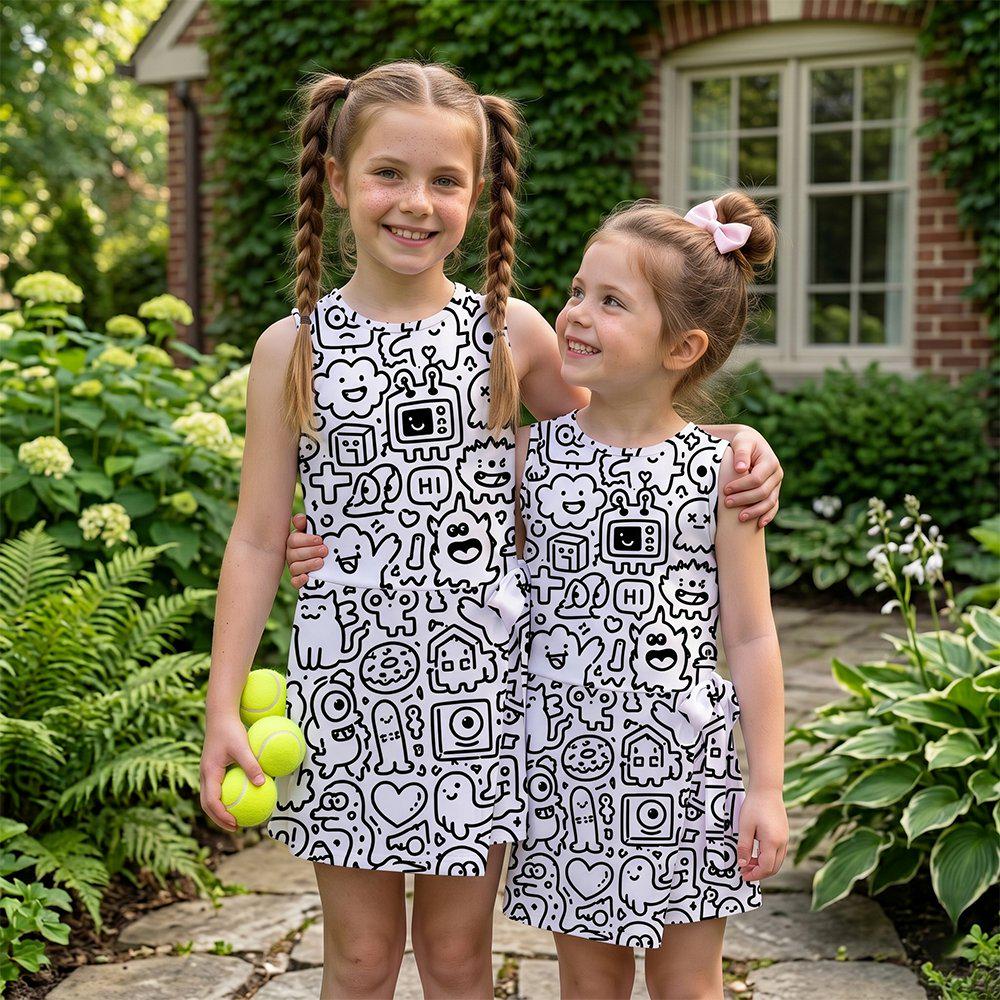 Cute Kids Doodle Monster Tennis Dress, Black and White Kawaii Monster Outdoor Activity Dress