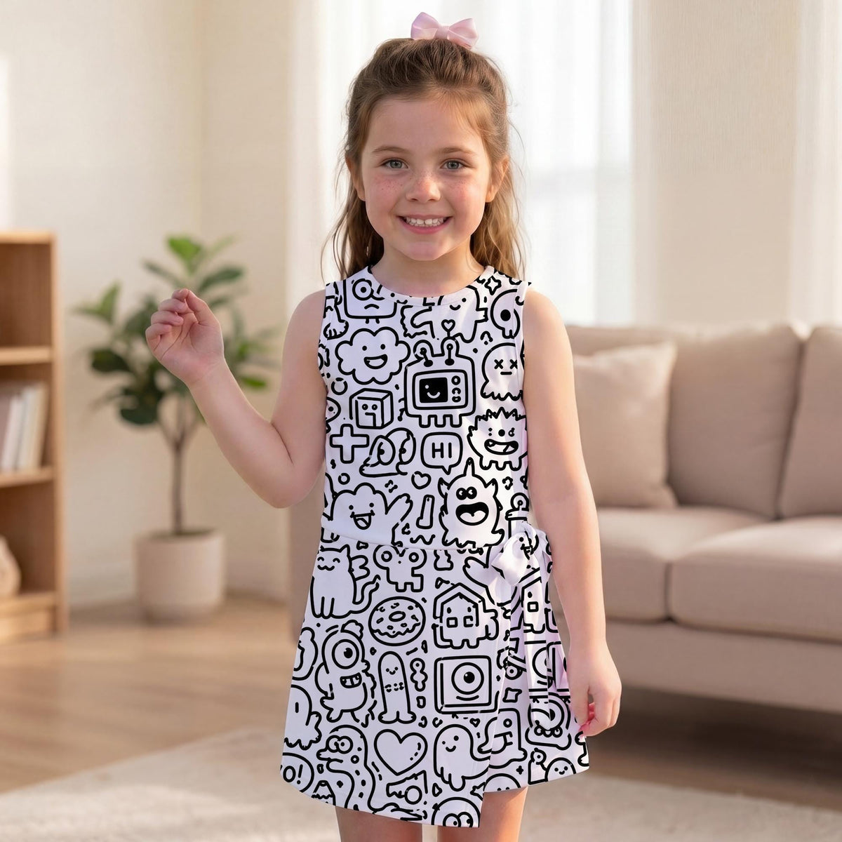 Cute Kids Doodle Monster Tennis Dress, Black and White Kawaii Monster Outdoor Activity Dress