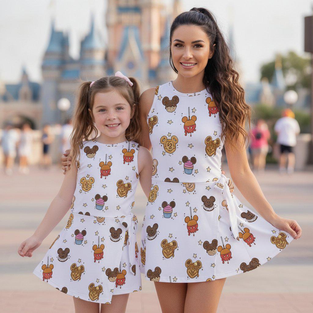Mickey Mouse Food Pattern Tennis Dress, Disney Theme Snack Matching Dress Mommy and Me
