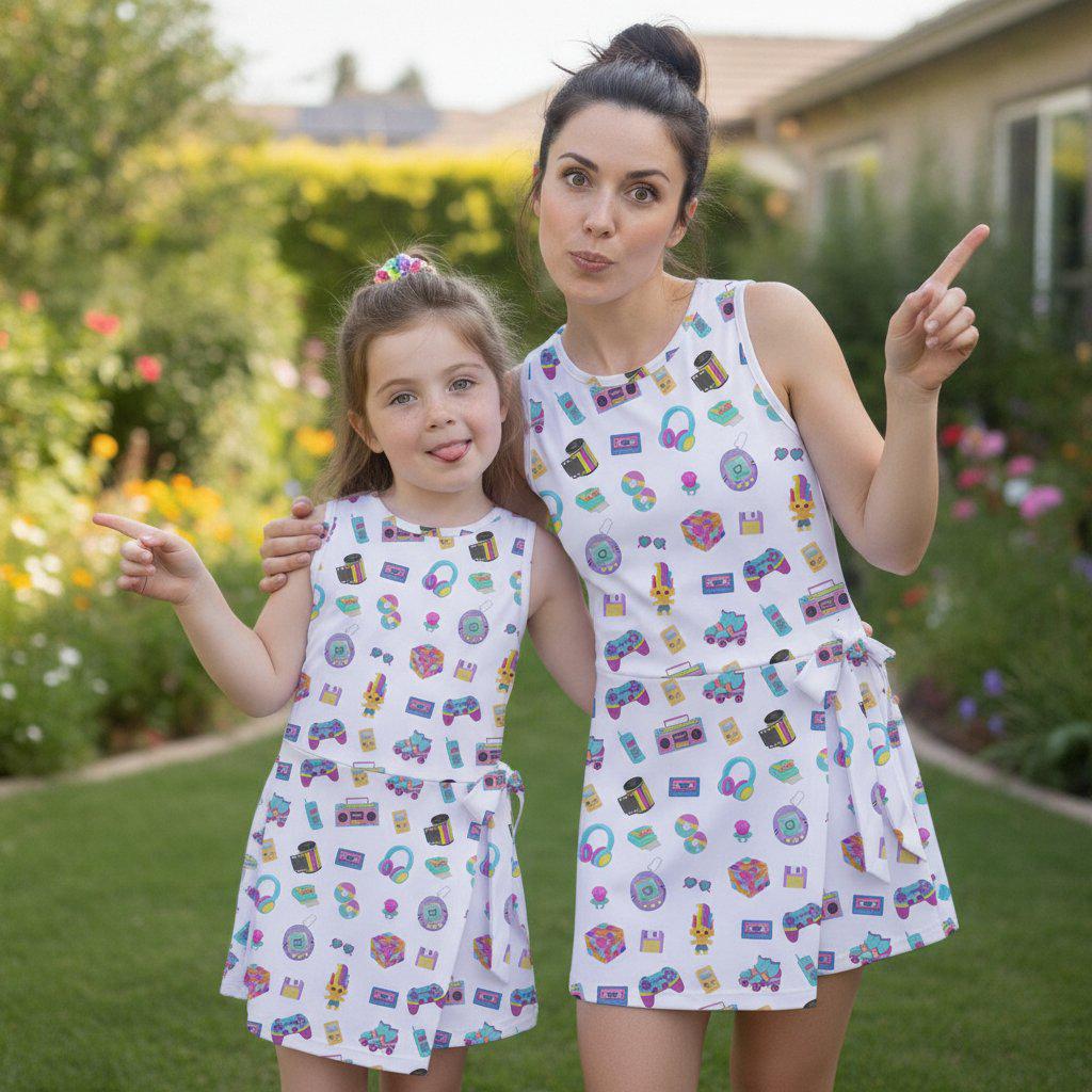Y2K Pop Culture Icons Tennis Dress, Retro Tamagotchi Gamer Girl Skort Activity Dress, 90s Nostalgia Pattern Dress