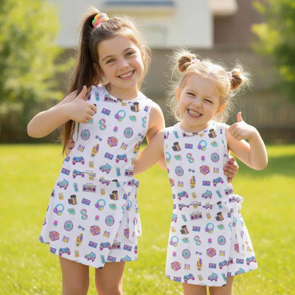 Y2K Pop Culture Icons Tennis Dress, Retro Tamagotchi Gamer Girl Skort Activity Dress, 90s Nostalgia Pattern Dress