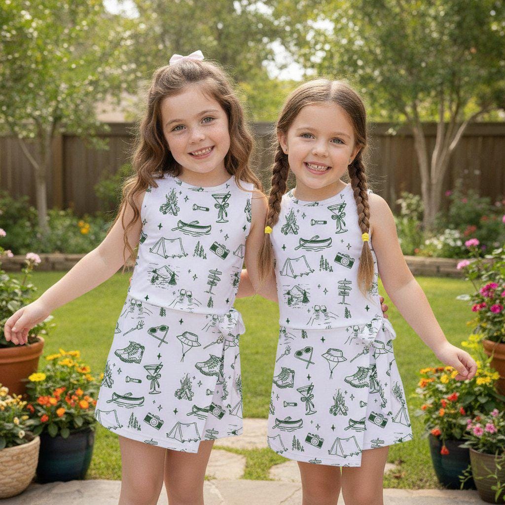 Family Camping Trip Tennis Dress, Outdoor Adventure Apparel, Green Hiking Mountain Skort Activity Dress