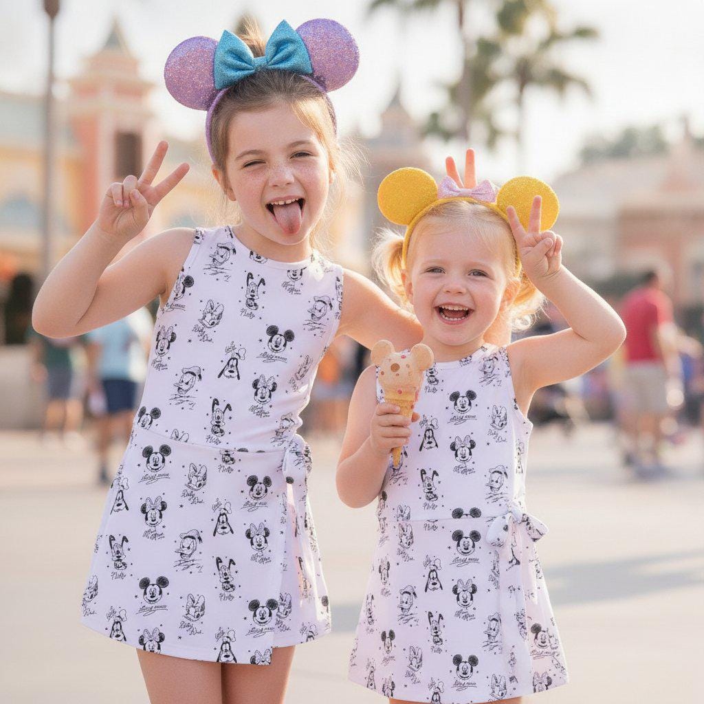 Disney Mickey and Friends Sketch Tennis Dress, Black White Sketch Mickey Minnie Activewear Skirt For Disneyland Trip