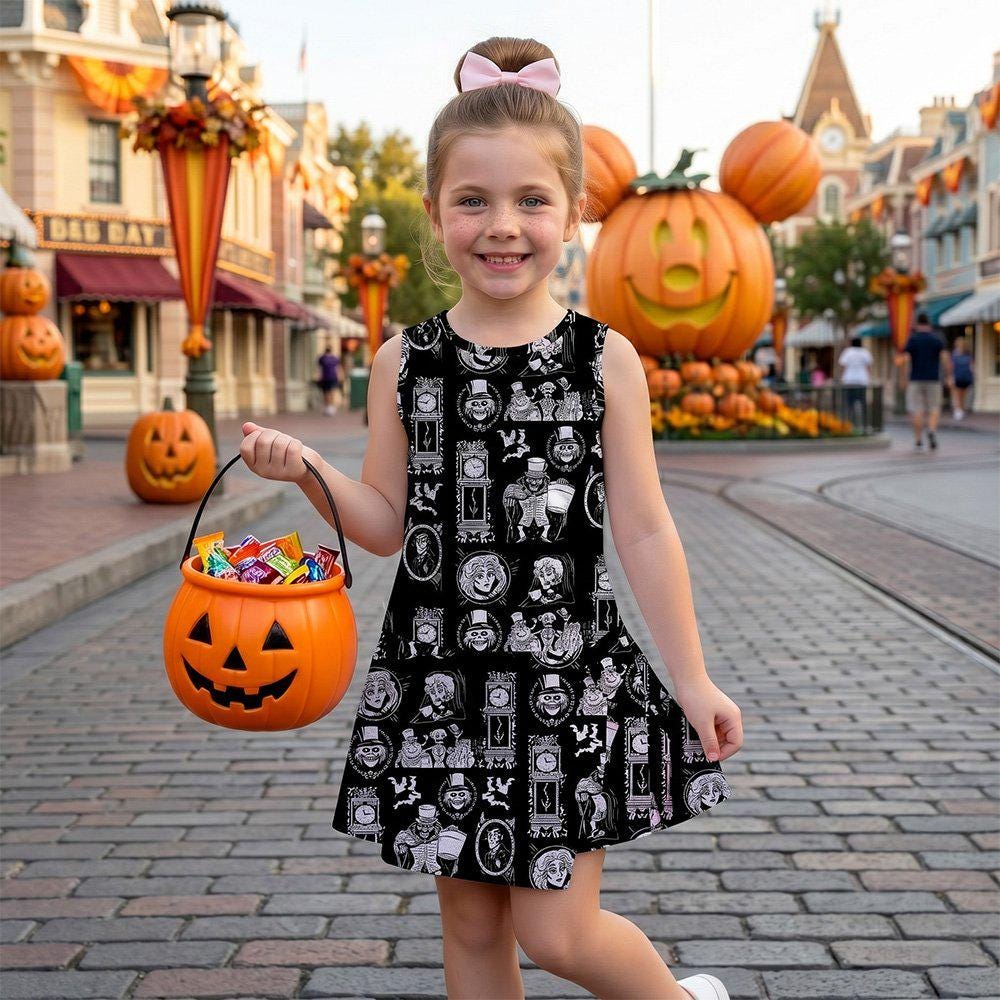Haunted Mansion Girls Dress, Disney Spooky Halloween Skater Dress, 999 Happy Haunts Outfits
