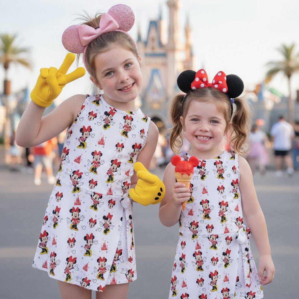 Lovely Minnie Tennis Dress, Magical Castle Pattern Activewear Skirt, Mouse Ears Red Bow Skort