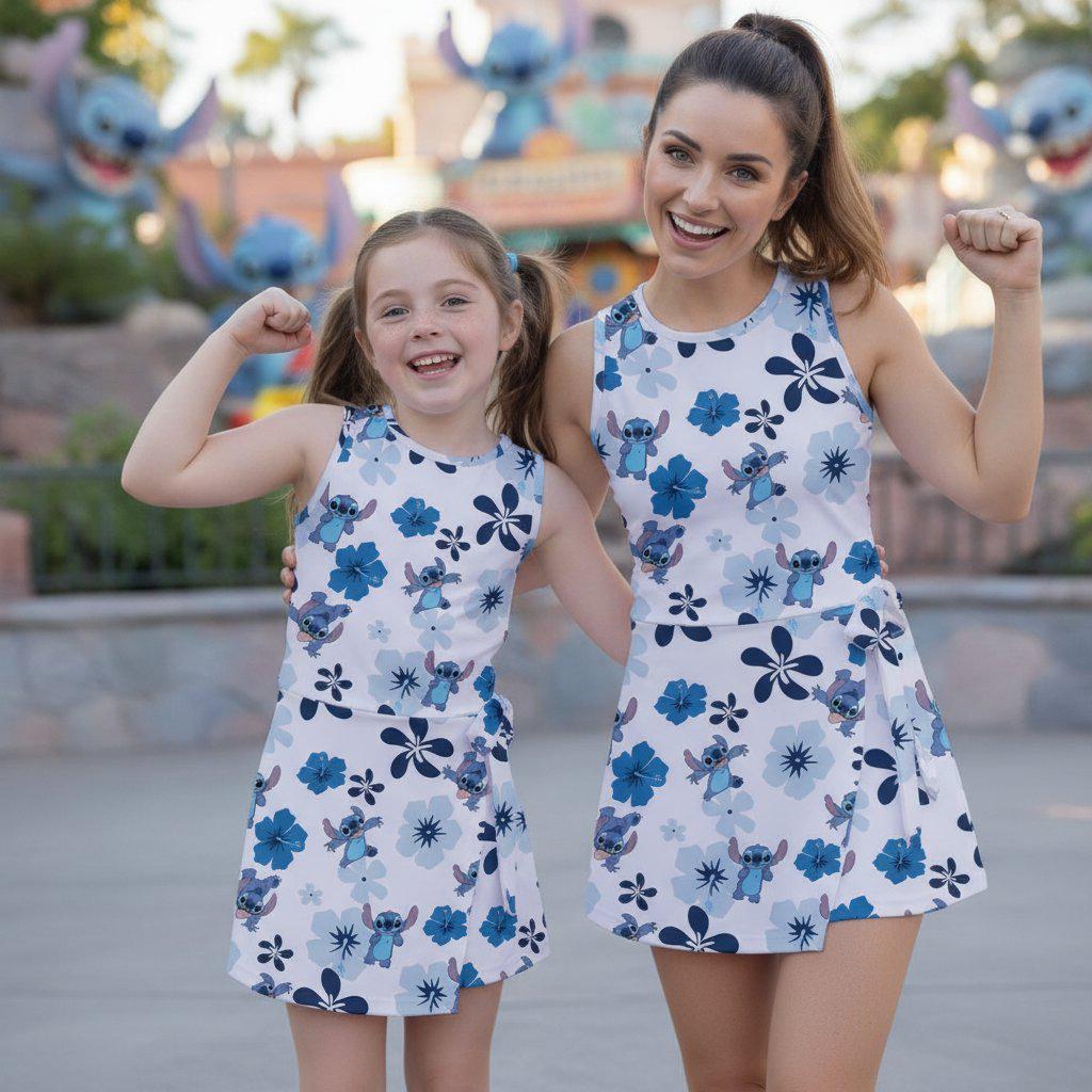 Stitch and Hibiscus Floral Tennis Dress, Tropical Disney Lilo Stitch Print Dress