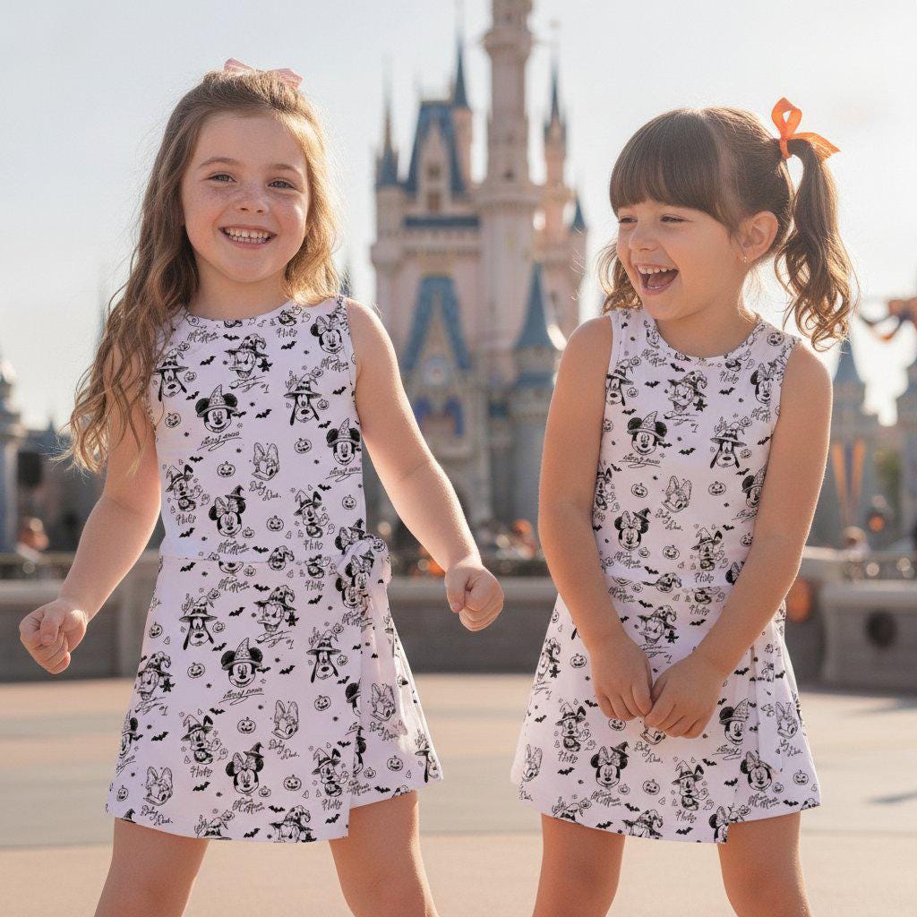 Mickey and Friends Halloween Sketch Tennis Dress, Vintage Disney Spooky Sleeveless Wrap Dress