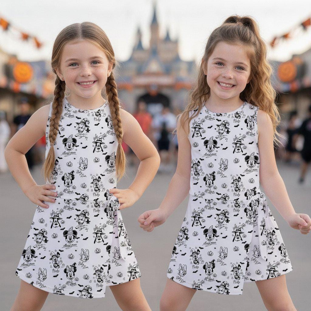Mickey and Friends Halloween Sketch Tennis Dress, Vintage Disney Spooky Sleeveless Wrap Dress