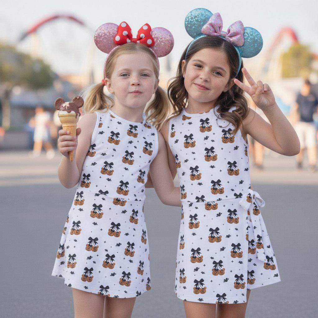 Halloween Mickey Minnie Pumpkin Tennis Dress, Spooky Bow Jack O Lantern Activewear Skirt For Fall Season