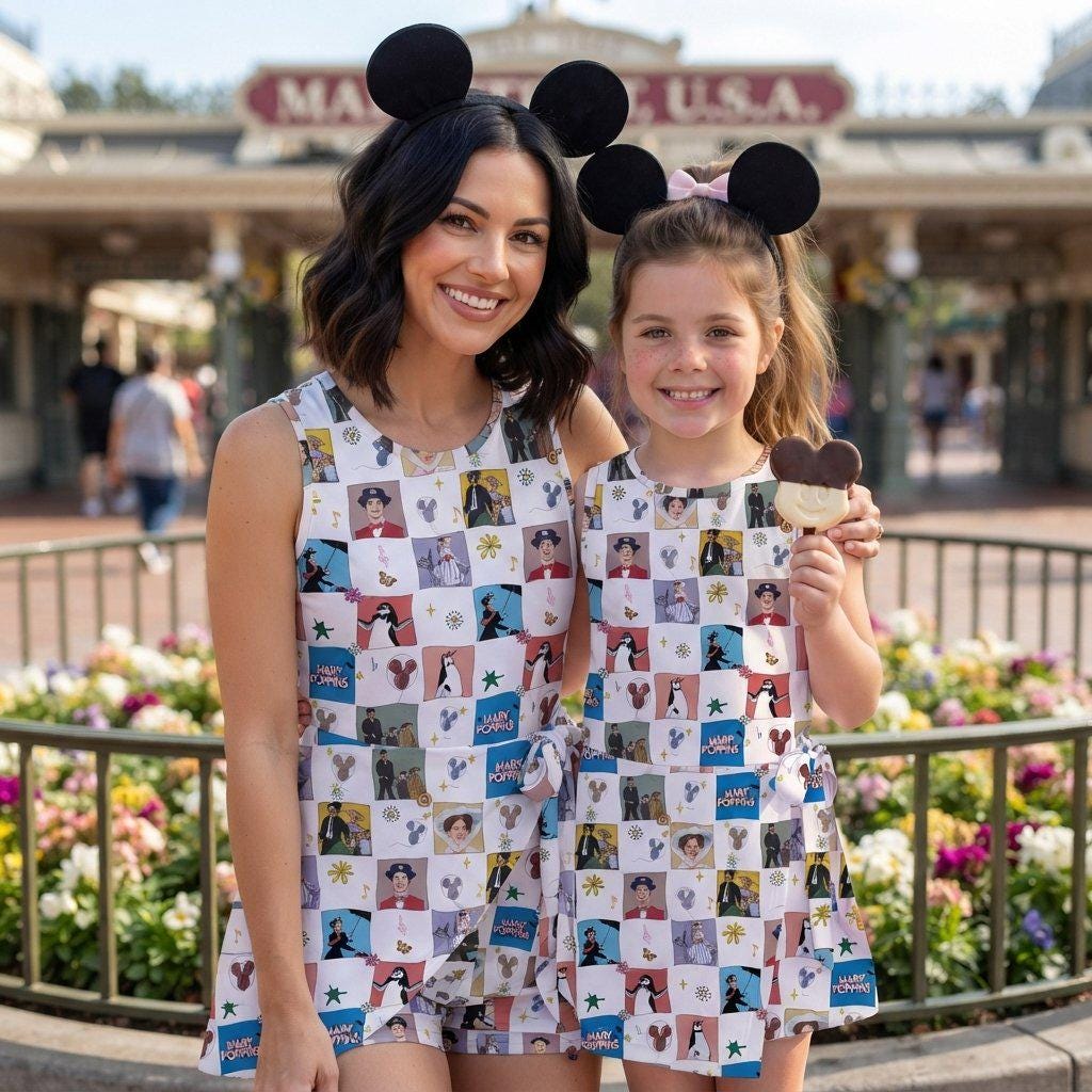 Disney Mary Poppins Tennis Dress, Disney Musical Movie Pattern Activewear, Mary Poppins Checkered Pattern Matching Skirt