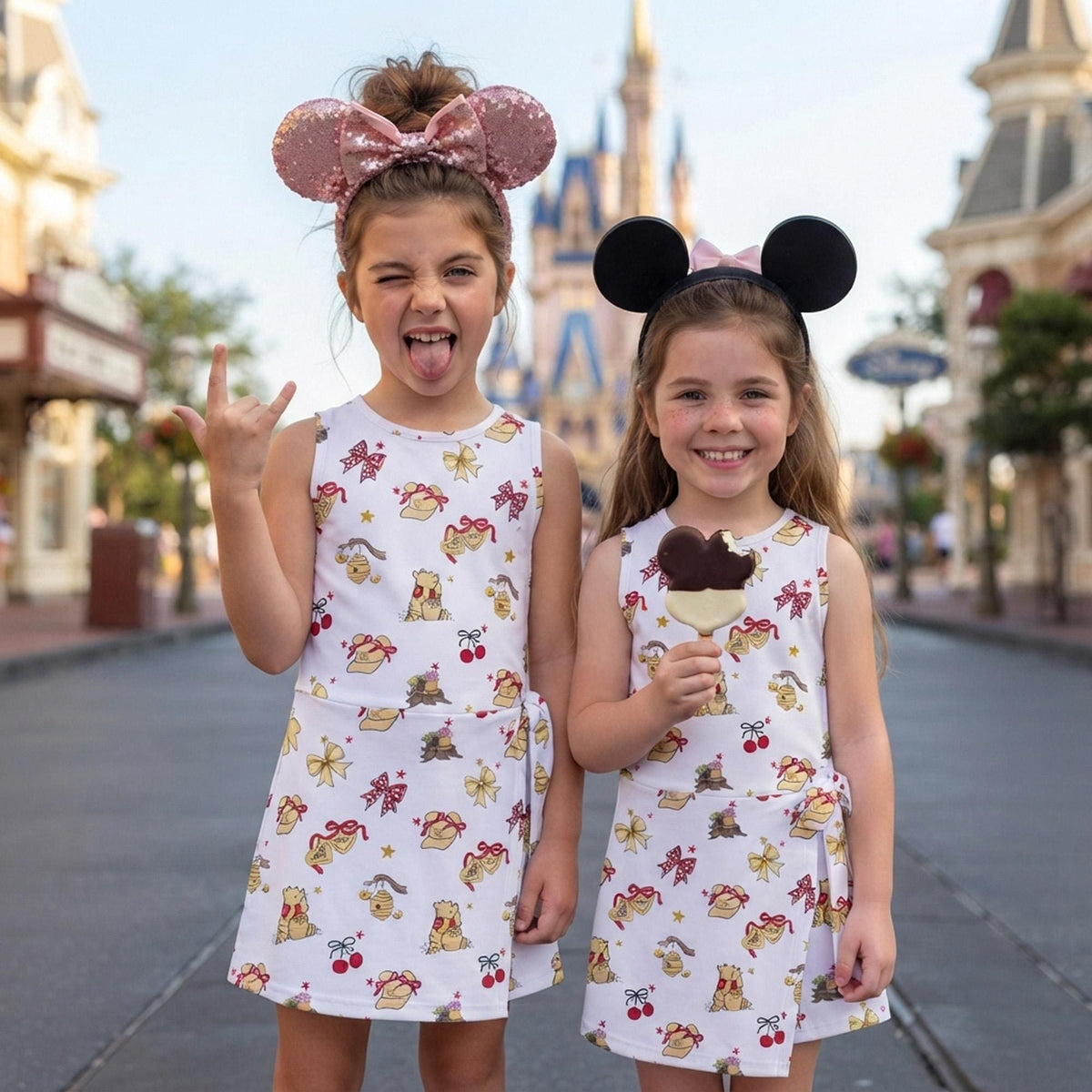 Winnie The Pooh Honey Bow Tennis Dress, Disney Pooh Bear Cherry Pattern Matching Skirt