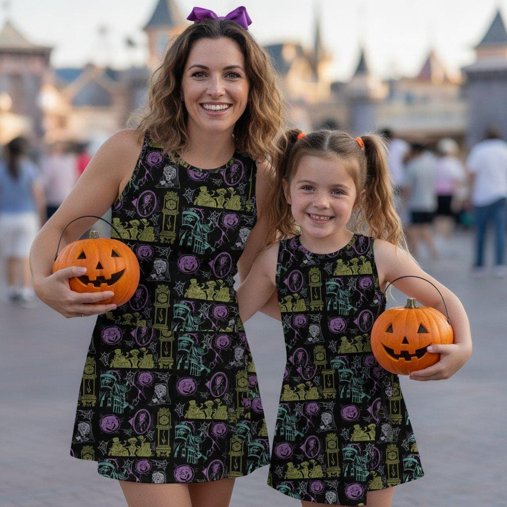 Neon Spooky Hitchhiking Ghosts Tennis Dress, Disney Haunted Mansion Sleeveless Dress